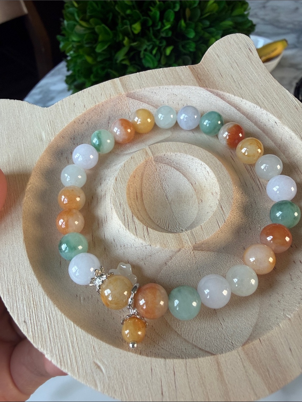 Multicolor Myanmar Jadeite type A beaded Stretch Bracelet with fruit and flower.